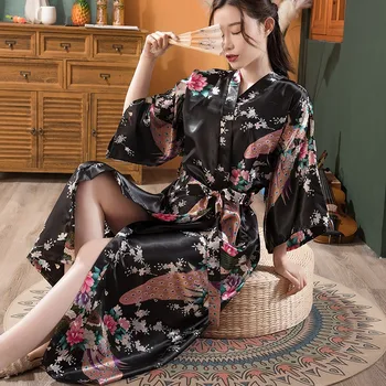 Chalatas Suknelė Kinijos Moterų Ilgas Apdaras Spausdinti Gėlių Povas Kimono Nuotaka Bridesmaid, Vestuvių Chalatai Seksualus Sleepwear