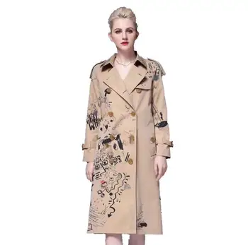 Pop Chaki pavasario ponios tranšėjos paltai moterims ilgomis rankovėmis Doodle piešimo moteriški paltai paltas moteris moteriška striukė europos rudens