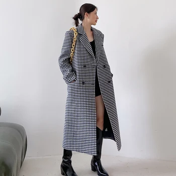 Moterų Derlius Žiemos Ilgos Vilnos Paltai Striukės Britų Stiliaus Patikrinti Moterų Elegantiškas Storas Šiltas Lady Paltas Outwear