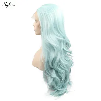 Sylvia Mėlyna Banguoti Plaukai Karščiui Atsparių Sintetinių Nėriniai Priekiniai Perukai Nemokamai Dalies Ilgi Plaukai Moterims Gamtos Valsčiaus