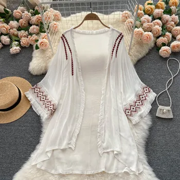 Bohemijos Vintage Megztinis Marškinėliai Kailis Vasarą Moterų Šventė Saulės ilgomis Rankovėmis Palaidinės Siuvinėjimo Kutas Prarasti Midi Viršų