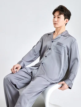 Šilko Satino Pižama Vyrams Sleepwear Miegamųjų Namo Drabužių Vyras Ilgai Mygtuką Žemyn Pižamos Kostiumas Ledo-šilko Pijama Loungewear