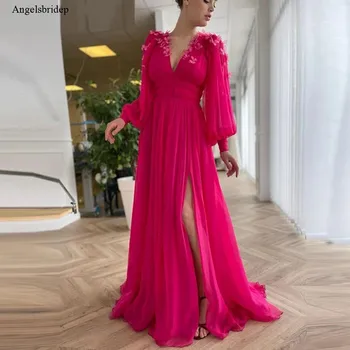 Angelsbridep Hot Pink Šifono Prom Dresses Ilgai Reljefiniai Rankovėmis V-Kaklo Plyšine Linija, Vakare Šalies Chalatai Su 3D Drugelis Gėlės