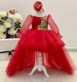 Raudono Tiulio Suknelė, Rankų Darbo Baby Girl Gimtadienio Mergina Suknelė Princesė Gėlių Mergaitės Suknelė Ilga, Uždusęs Prom Dress