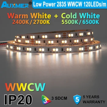 Mažos Galios 2835 WWCW 120LEDs/v LED Juostelė Šviesos,Spalvų temperatūra reguliuojama,BMT,DC12/24V,9.6 W/m,600LEDs/Ritės,5meter/Ritės IP20