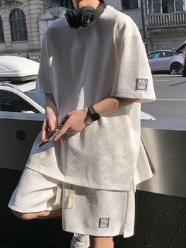 Vasaros Unisex Asual Tiktų Vyrų Honkongo Stiliaus Trumpas SleeveT-shirt korėjos Streetwear Atsitiktinis Preppy Šortai Dviejų dalių Komplektas