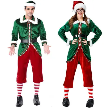 Happy Christmas Elf Medis Kalėdų Senelio Kostiumas Moterims, Vyrams, Kalėdų senelio Pagalbininkas Žalia Elf Cosplay Aksomo Fancy Dress Suaugusiųjų