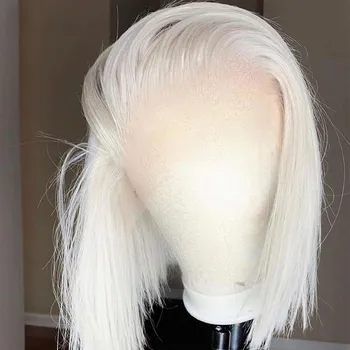 #60 Platinum Blonde Skaidrus HD Visiškai Lace Perukai Žmogaus Plaukai Šilkiniai Tiesiai Trumpas Bob Perukai su Kūdikio Plaukų Prieš nupeštos Priekinės