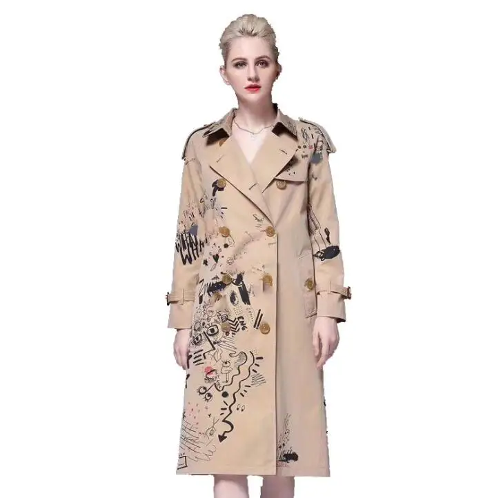 Pop Chaki pavasario ponios tranšėjos paltai moterims ilgomis rankovėmis Doodle piešimo moteriški paltai paltas moteris moteriška striukė europos rudens
